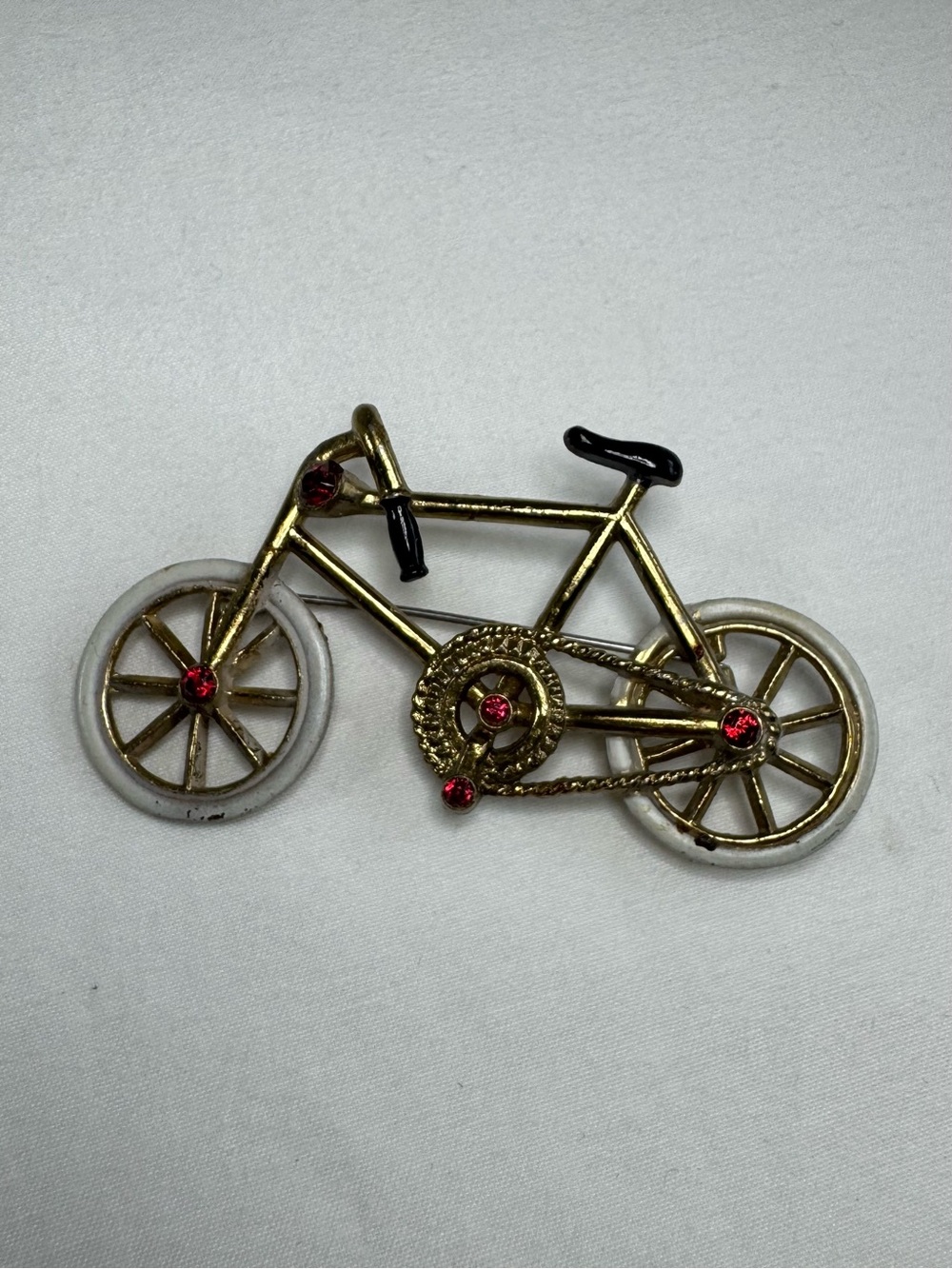 Vintage Mid-Century Gold Tone Bicycle Brooch Rhinestone Whitewall Pin